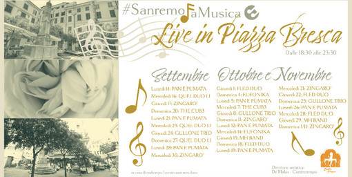 Sanremo: prosegue la musica con “Live in piazza Bresca”, fino a novembre quattro live alla settimana Sanremo: prosegue la musica con “Live in piazza Bresca”, fino a novembre quattro live alla settimana