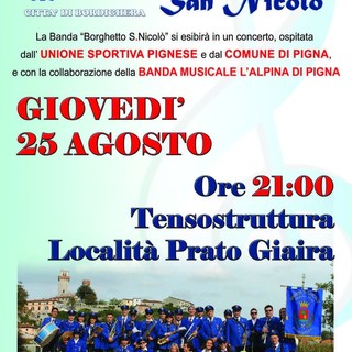 Pigna: trasferta per la banda Borghetto San Nicolò di Bordighera, stasera concerto a Prato Giaira Pigna: trasferta per la banda Borghetto San Nicolò di Bordighera, stasera concerto a Prato Giaira