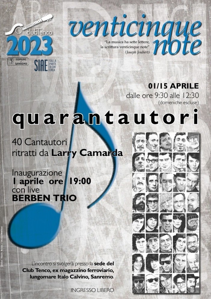 Sanremo: la sede del Tenco ospita “Quarantautori”, l’omaggio dell’illustratore Larry Camarda al mondo della canzone Sanremo: la sede del Tenco ospita “Quarantautori”, l’omaggio dell’illustratore Larry Camarda al mondo della canzone