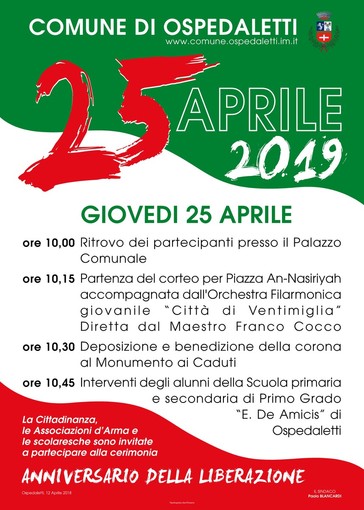 Ospedaletti: il programma delle iniziative per il 25 ed il 26 aprile, due appuntamenti per la Festa della Liberazione