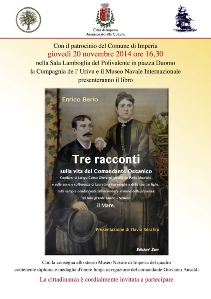 Imperia: il 20 novembre presentazione del libro 'Tre racconti' di Enrico Berio