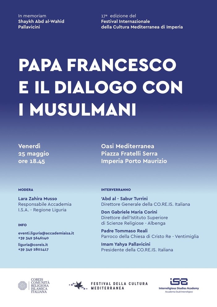 Imperia: “Papa Francesco e il dialogo con i musulmani”, anche quest'anno la Co.Re.Is parteciperà alla Fiera del Libro Imperia: “Papa Francesco e il dialogo con i musulmani”, anche quest'anno la Co.Re.Is parteciperà alla Fiera del Libro
