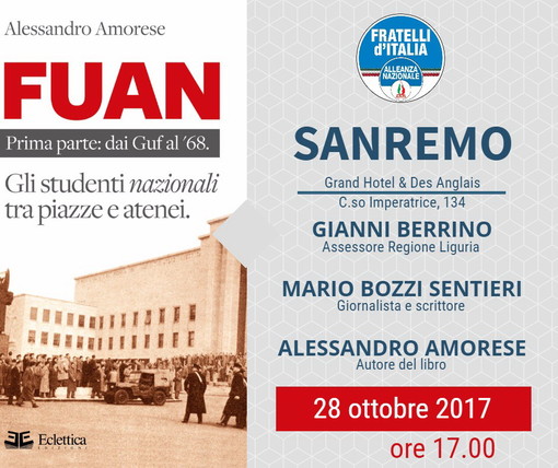 Sanremo: sabato prossimo all'hotel Des Anglais la presentazione del libro 'Fuan' di Alessandro Amorese