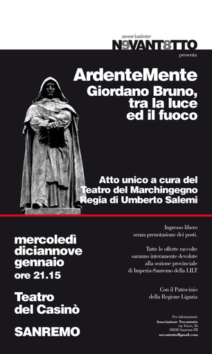 Sanremo: questa sera la figura di Giordano Bruno in uno spettacolo a teatro
