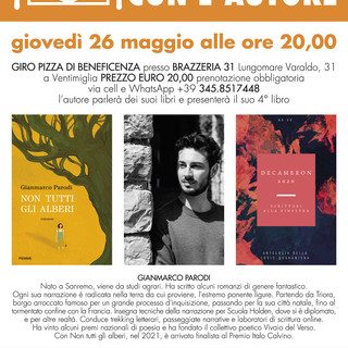 Ventimiglia: giovedì prossimo, lo scrittore Gianmarco Parodi protagonista alla 'Cena con l'autore'