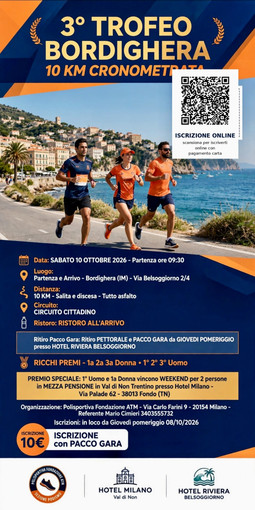 Podismo, il 3° Trofeo Bordighera il 10 ottobre: 10 km sul circuito cittadino con partenza dall’Hotel Belsoggiorno Podismo, il 3° Trofeo Bordighera il 10 ottobre: 10 km sul circuito cittadino con partenza dall’Hotel Belsoggiorno