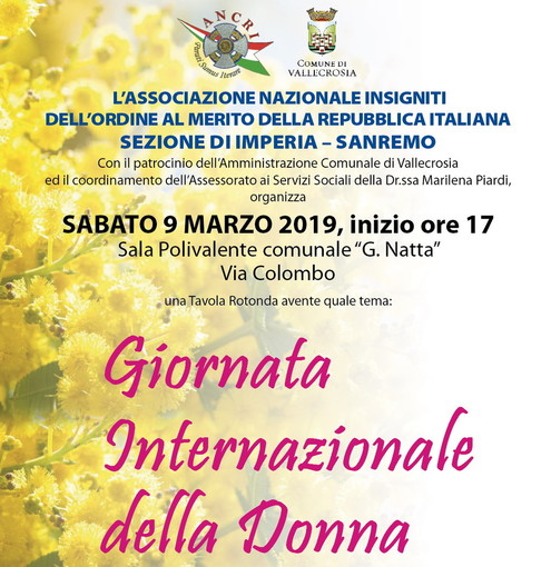 Vallecrosia: oggi pomeriggio incontro alla Sala Polivalente per la ‘Giornata internazionale della donna’