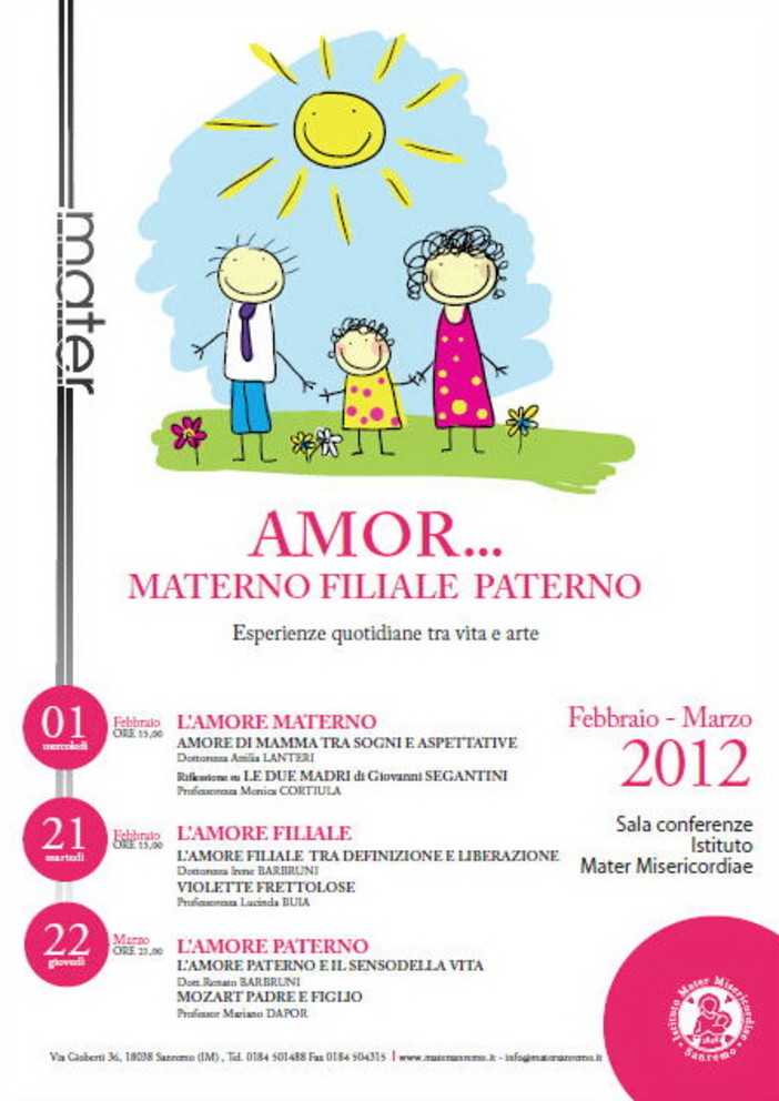 Sanremo: oggi ultimo appuntamento alla Mater misericordiae su 'Amor.., materno, filiale e paterno'