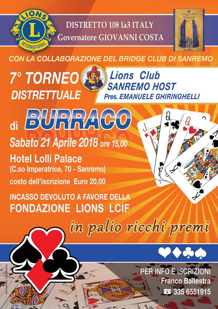 Sabato prossimo, torneo di Burraco del Lions Sanremo Host a favore della campagna contro il Morbillo della LCIF