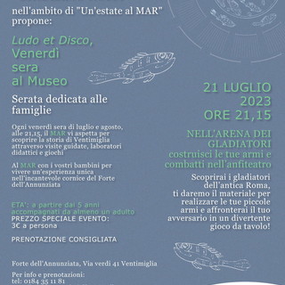 Doppio appuntamento al MAR di Ventimiglia con ‘Ludo et Disco, venerdì sera al Museo’ e ‘Il Museo al brillar di stelle’ Doppio appuntamento al MAR di Ventimiglia con ‘Ludo et Disco, venerdì sera al Museo’ e ‘Il Museo al brillar di stelle’