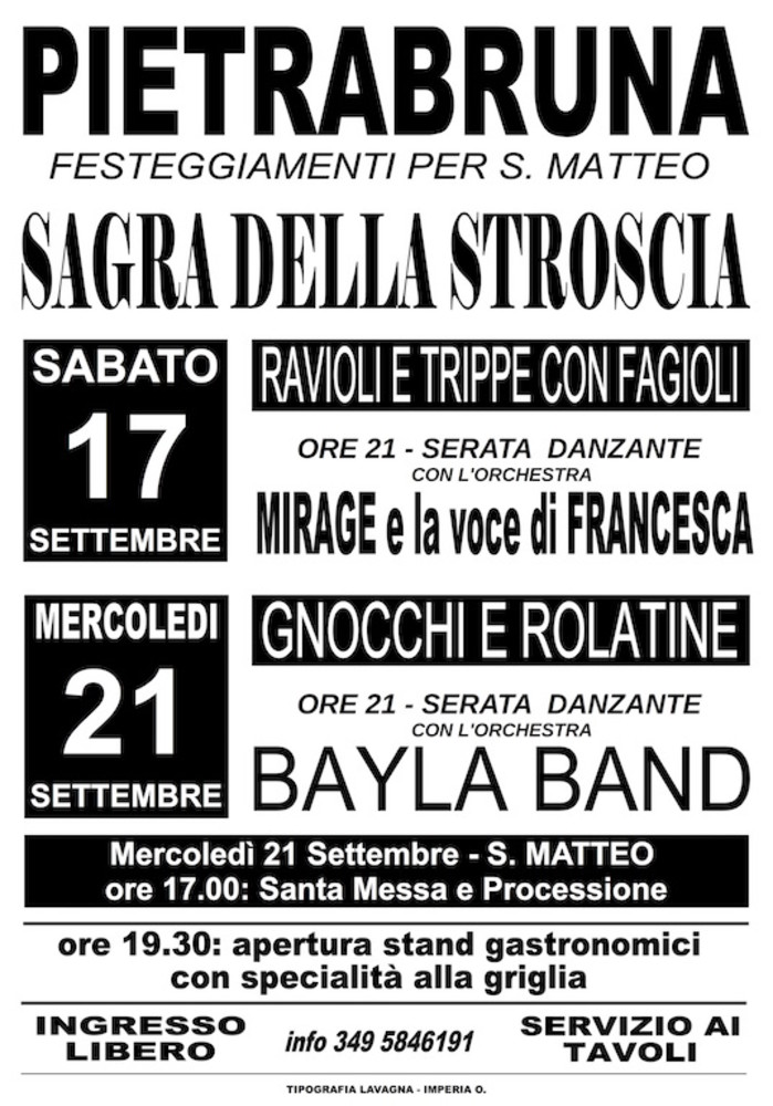 Pietrabruna: sabato 17 e mercoledì 21 settembre appuntamento con la Sagra della Stroscia