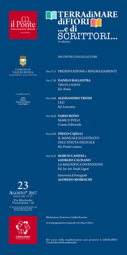 Vallecrosia: oggi pomeriggio torna la rassegna "Terra di mare, di fiori... e di scrittori" Vallecrosia: oggi pomeriggio torna la rassegna "Terra di mare, di fiori... e di scrittori"