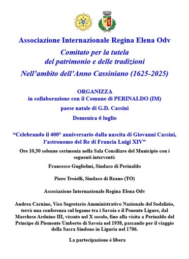 A Perinaldo la commemorazione di Giovanni Domenico Cassini e la conferenza sul legame tra i savoia e il ponente ligure