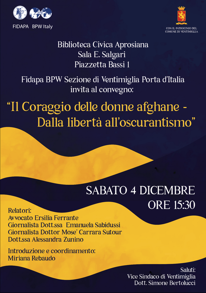 ‘Il coraggio delle donne afghane, dalla libertà all'oscurantismo, un convegno sabato prossimo a Ventimiglia