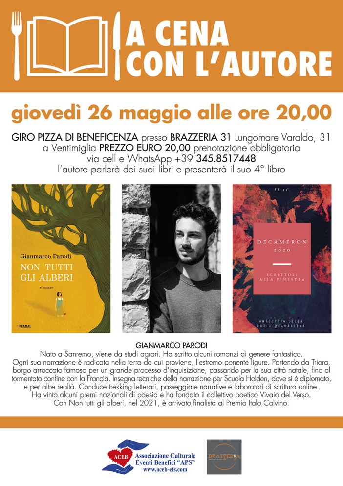 Ventimiglia: giovedì prossimo, lo scrittore Gianmarco Parodi protagonista alla 'Cena con l'autore'