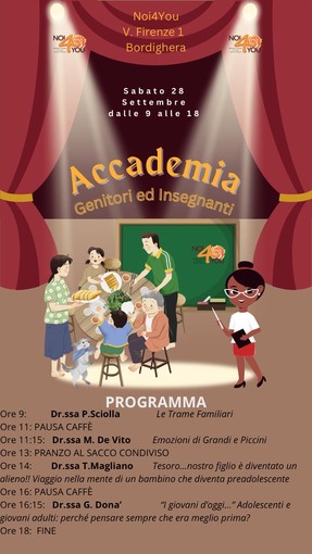 Bordighera: con l'‘Accademia dell’Arte di Educare’ dell’associazione Noi4You, una giornata dedicata a genitori ed insegnanti Bordighera: con l'‘Accademia dell’Arte di Educare’ dell’associazione Noi4You, una giornata dedicata a genitori ed insegnanti