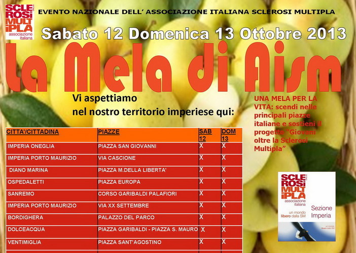 Domani e domenica anche nell'imperiese la vendita delle mele per combattere la Sclerosi Multipla