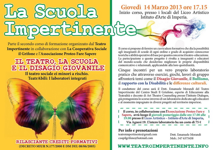 Il teatro sociale e i minori a rischio,Te atrAbili: via al 2°corso di Formazione per insegnanti di Teatro Impertinente