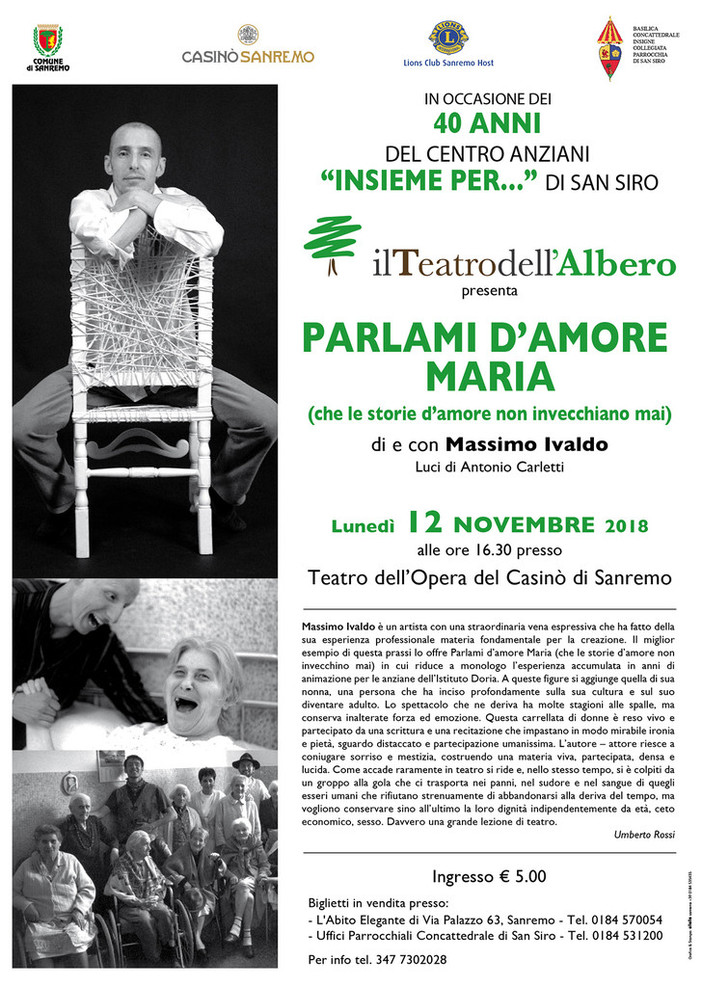Sanremo: lunedì al Teatro dell'Opera del Casinò lo spettacolo 'Parlami d'amore Maria'