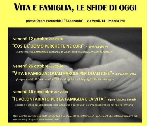 Imperia: serie di incontri organizzati dal 'Centro per la Famiglia e per la Vita' Imperia: serie di incontri organizzati dal 'Centro per la Famiglia e per la Vita'