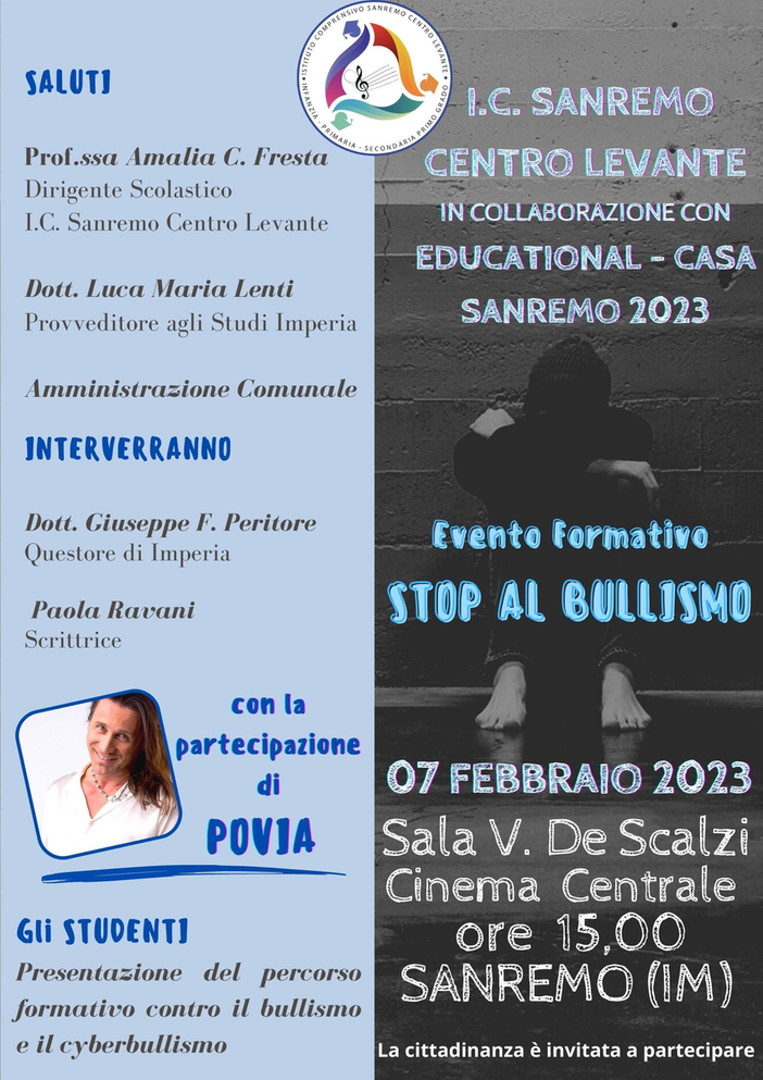 “Stop al bullismo”: evento formativo dell’IC Sanremo Centro Levante per la Giornata Nazionale contro il Bullismo e il Cyberbullismo “Stop al bullismo”: evento formativo dell’IC Sanremo Centro Levante per la Giornata Nazionale contro il Bullismo e il Cyberbullismo
