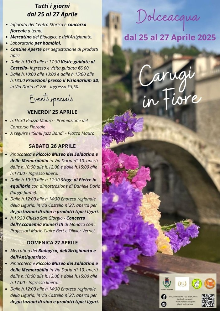 Dolceacqua: al via giovedì 25 aprile l’attesissima edizione di “Carugi in fiore” Dolceacqua: al via giovedì 25 aprile l’attesissima edizione di “Carugi in fiore”