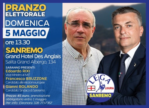 Sanremo, domenica 5 maggio pranzo elettorale della Lega a sostegno di Rolando sindaco