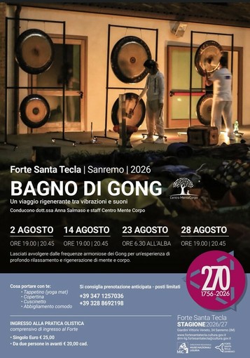 Sanremo, alba di benessere al Forte di Santa Tecla: torna l’esperienza immersiva del Bagno di Gong Sanremo, alba di benessere al Forte di Santa Tecla: torna l’esperienza immersiva del Bagno di Gong