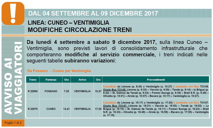 Lavori di consolidamento sulla ferrovia Cuneo-Ventimiglia: due treni soppressi tra Limone e la città di confine Lavori di consolidamento sulla ferrovia Cuneo-Ventimiglia: due treni soppressi tra Limone e la città di confine