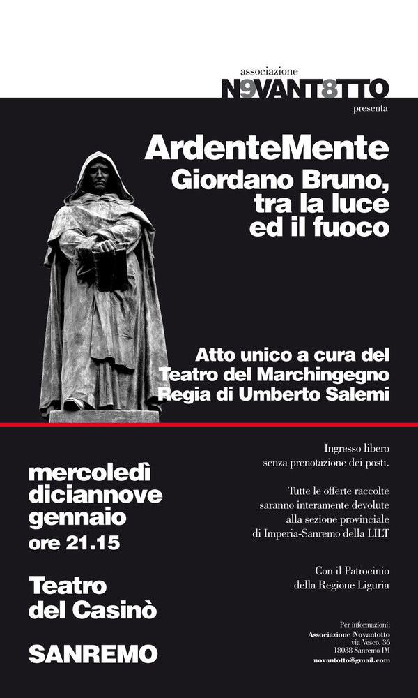 Sanremo: questa sera la figura di Giordano Bruno in uno spettacolo a teatro