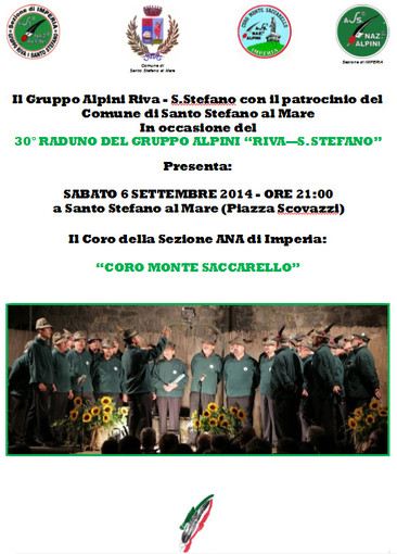 Santo Stefano al Mare: domani sera, esibizione del Coro della Sezione ANA di Imperia ‘Monte Saccarello’ Santo Stefano al Mare: domani sera, esibizione del Coro della Sezione ANA di Imperia ‘Monte Saccarello’