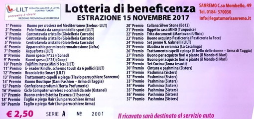 Sanremo: mercoledì prossimo l'estrazione dei biglietti per la lotteria di beneficenza della Lilt