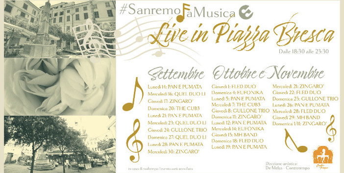 Sanremo: prosegue la musica con “Live in piazza Bresca”, fino a novembre quattro live alla settimana Sanremo: prosegue la musica con “Live in piazza Bresca”, fino a novembre quattro live alla settimana