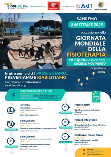 Sanremo cammina per la salute: l’8 settembre l’iniziativa “In giro per la città” celebra la Giornata Mondiale della Fisioterapia Sanremo cammina per la salute: l’8 settembre l’iniziativa “In giro per la città” celebra la Giornata Mondiale della Fisioterapia