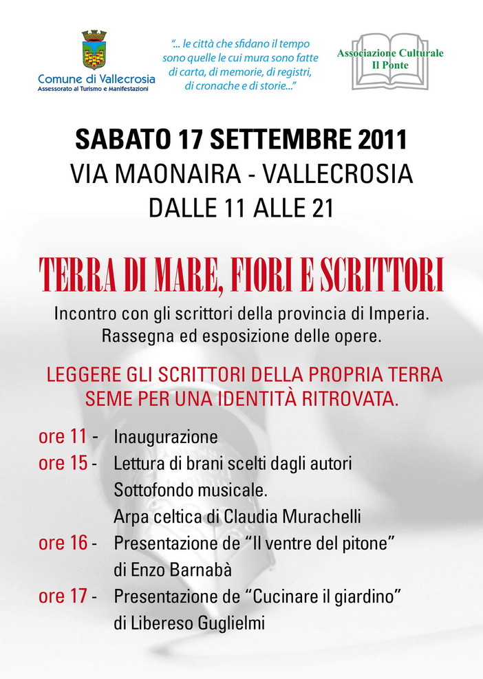 Vallecrosia: rinviata a sabato 17 settembre la 'Mostra di Libri' in via Maonaira