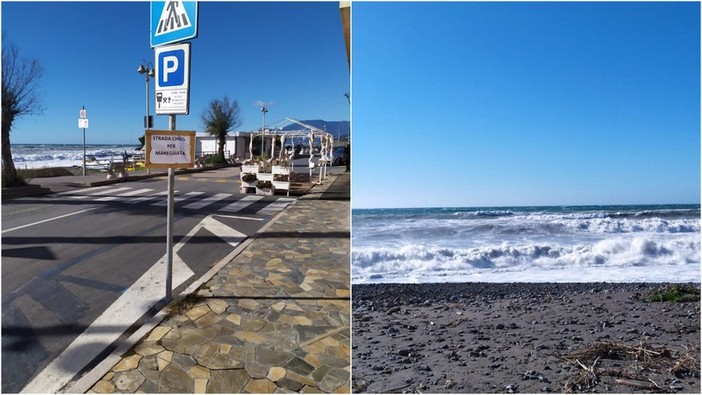 Forte vento: a Vallecrosia strada chiusa per mareggiata (Foto)