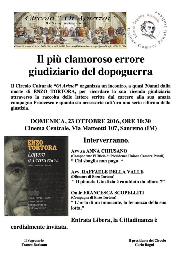 Sanremo: domenica al Cinema Centrale l'incontro dal titolo 'Il più clamoroso errore giudiziario del dopoguerra, Enzo Tortora' Sanremo: domenica al Cinema Centrale l'incontro dal titolo 'Il più clamoroso errore giudiziario del dopoguerra, Enzo Tortora'