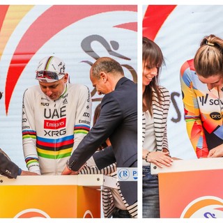 Lotte Kopecky e Tadej Pogačar inaugurano la tradizione: dopo l'arrivo della Milano-Sanremo le loro impronte per la 'Walk of Fame' (Foto)