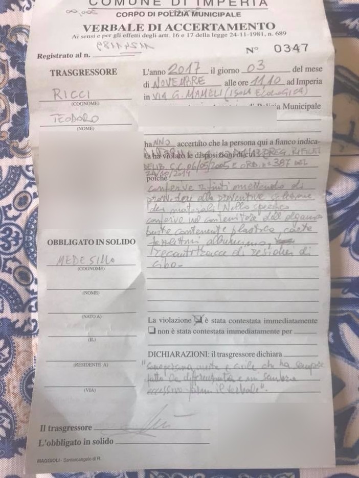Imperia: multato per 300 euro dopo aver conferito l'immondizia cittadino farà ricorso (Foto)