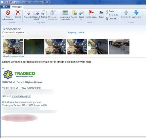 La mail giunta alla nostra redazione. Sotto le foto inviateci La mail giunta alla nostra redazione. Sotto le foto inviateci