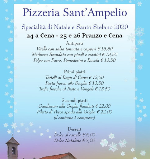 Bordighera: al ristorante pizzeria 'Sant'Ampelio' uno speciale menù con consegna a casa per Natale Bordighera: al ristorante pizzeria 'Sant'Ampelio' uno speciale menù con consegna a casa per Natale