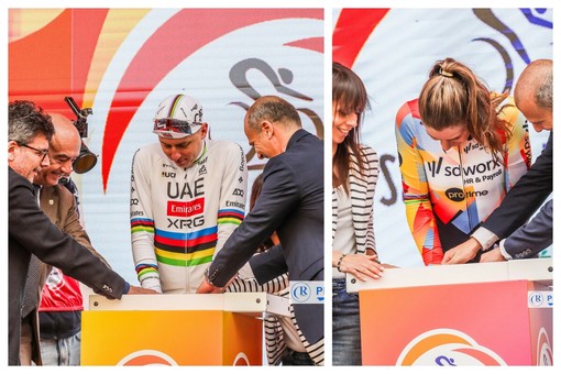 Lotte Kopecky e Tadej Pogačar inaugurano la tradizione: dopo l'arrivo della Milano-Sanremo le loro impronte per la 'Walk of Fame' (Foto)