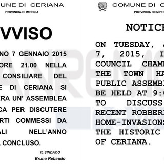 Ceriana: furti commessi nell'anno che sta per terminare, convocata assemblea cittadina il 7 gennaio
