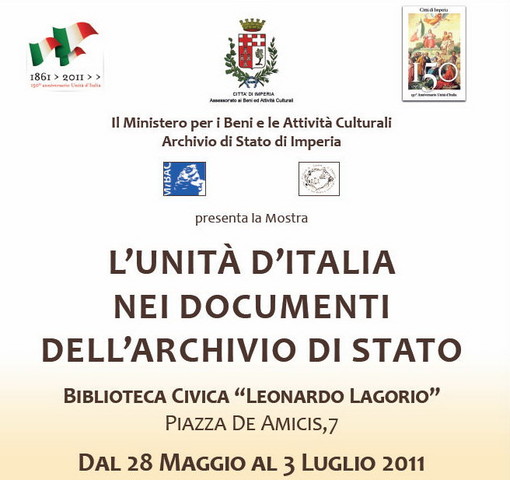 Imperia: con l'Archivio di Stato la mostra 'L’Unità d’Italia nei documenti dell’Archivio di Stato'