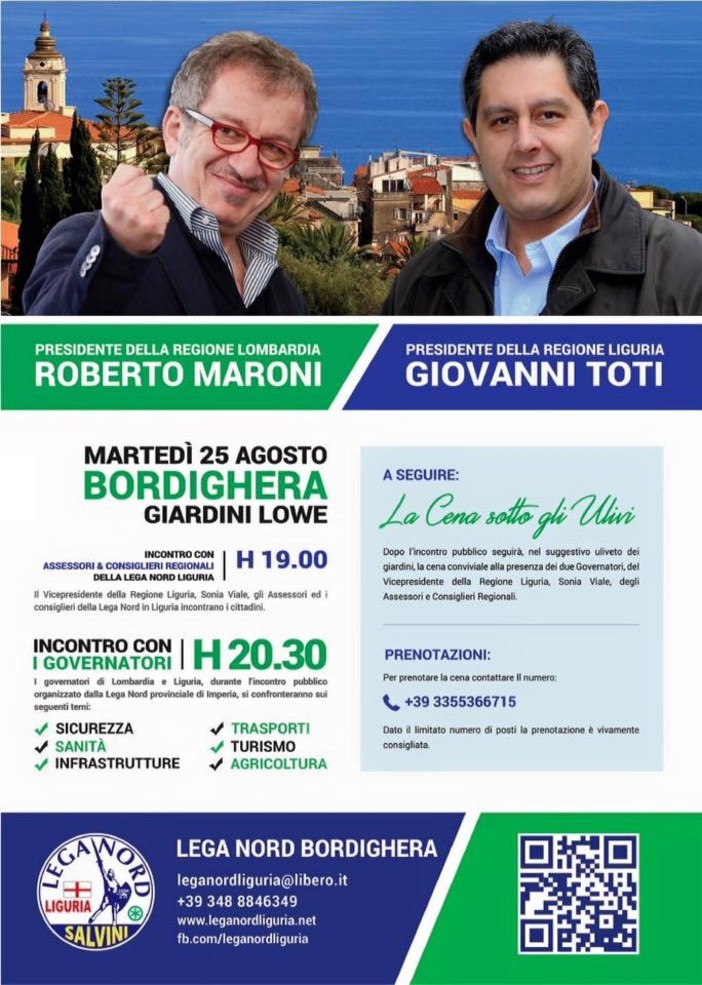 Lega Nord Liguria in festa a Bordighera. Incontro pubblico dei governatori Maroni e Toti Lega Nord Liguria in festa a Bordighera. Incontro pubblico dei governatori Maroni e Toti