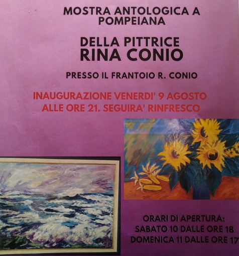 Pompeiana: da domani e domenica al frantoio 'Raffaele Conio' la mostra dell'artista Rina Conio Pompeiana: da domani e domenica al frantoio 'Raffaele Conio' la mostra dell'artista Rina Conio