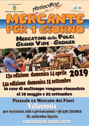 Vallecrosia: domani, appuntamento con tredicesima edizione del Mercatino delle pulci ‘Mercante per un Giorno’ Vallecrosia: domani, appuntamento con tredicesima edizione del Mercatino delle pulci ‘Mercante per un Giorno’