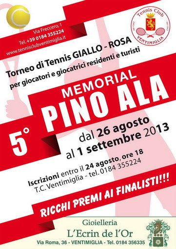 Dal 26 agosto al Tennis Club Ventimiglia il torneo giallo-rosa 'Memorial Pino Ala' Dal 26 agosto al Tennis Club Ventimiglia il torneo giallo-rosa 'Memorial Pino Ala'