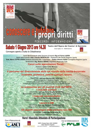 Sanremo: il 1° giugno, convegno AISM su ‘Conoscere e tutelare i propri diritti - percorsi informazione’ Sanremo: il 1° giugno, convegno AISM su ‘Conoscere e tutelare i propri diritti - percorsi informazione’