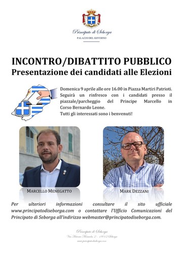 Seborga: domenica pomeriggio in piazza Martiri Patrioti il dibattito tra i due candidati Principe Marcello Menegatto e Mark Dezzani